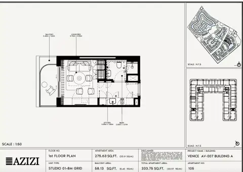 Azizi Venice 7: Floor plan Type 106-Building A, 333 sq ft