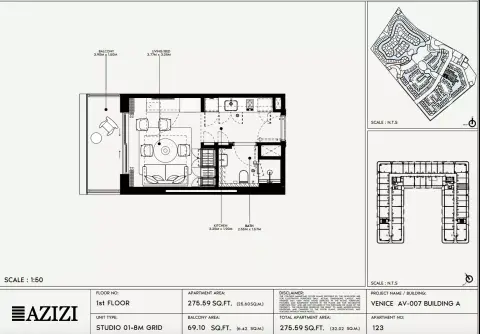 Azizi Venice 7: Floor plan Type 123-Building A, 275 sq ft