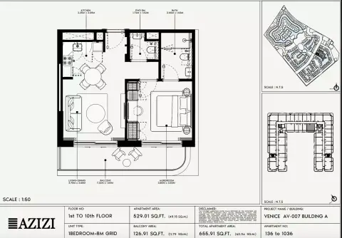 Azizi Venice 7: Floor plan Type 136-Building A, 655 sq ft