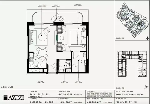 Azizi Venice 7: Floor plan Type 111-Building A, 662 sq ft