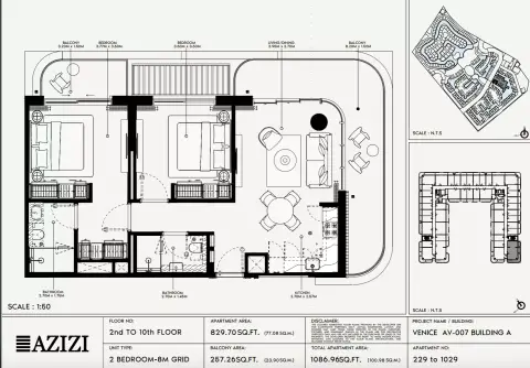 Azizi Venice 7: Floor plan Type 229-Building A, 1,086 sq ft