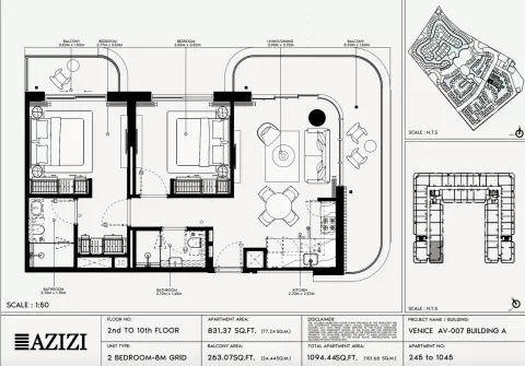 Azizi Venice 7: Floor plan Type 245-Building A, 1,094 sq ft