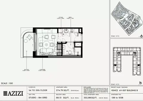 Azizi Venice 7: Floor plan Type 138-Building B, 332 sq ft