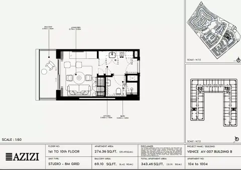Azizi Venice 7: Floor plan Type 104-Building B, 343 sq ft