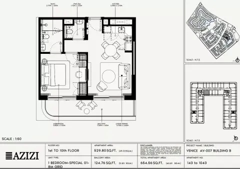 Azizi Venice 7: Floor plan Type 143-Building B, 654 sq ft