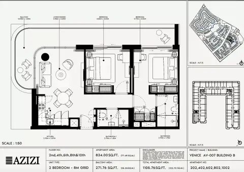 Azizi Venice 7: Floor plan Type 202-Building B, 1,105 sq ft