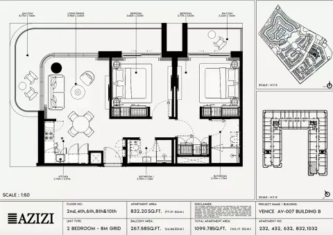 Azizi Venice 7: Floor plan Type 232-Building B, 1,099 sq ft