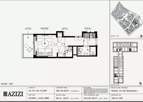 Azizi Venice 7: Floor plan Type 105-Building C, 343 sq ft