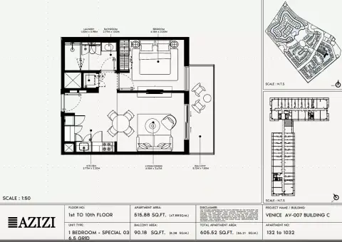 Azizi Venice 7: Floor plan Type 132-Building C, 605 sq ft