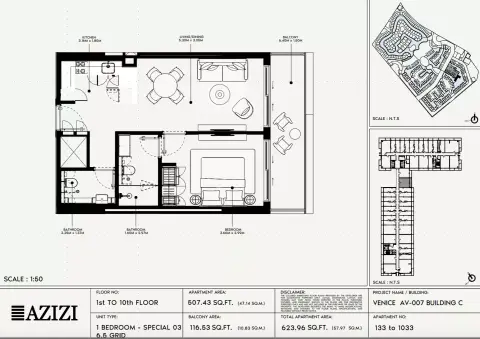 Azizi Venice 7: Floor plan Type 133-Building C, 623 sq ft