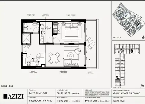 Azizi Venice 7: Floor plan Type 102-Building C, 693 sq ft