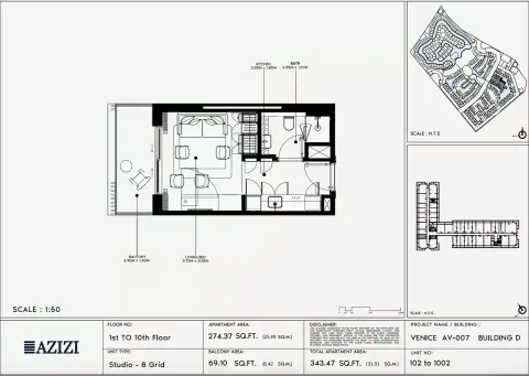 Azizi Venice 7: Floor plan Type 102-Building D, 343 sq ft