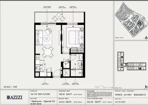 Azizi Venice 7: Floor plan Type 117-Building D, 623 sq ft