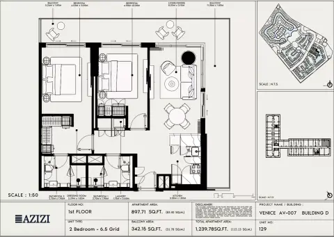 Azizi Venice 7: Floor plan Type 129-Building D, 1,239 sq ft