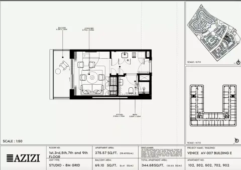 Azizi Venice 7: Floor plan Type 102-Building E, 344 sq ft