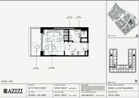 Azizi Venice 7: Floor plan Type 103-Building E, 344 sq ft