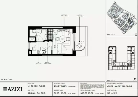 Azizi Venice 7: Floor plan Type 115-Building E, 333 sq ft