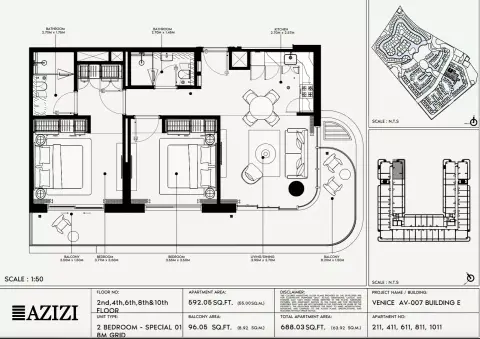 Azizi Venice 7: Floor plan Type 211-Building E, 688 sq ft