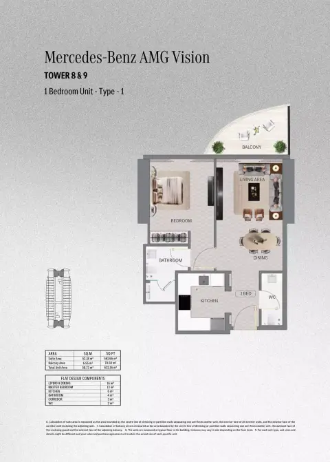 Mercedes Benz AMG Vision: Floor plan Type 1-Tower 8&9, 632 sq ft