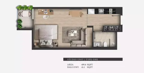 311 Boulevard: Floor plan Type One, 499 sq ft