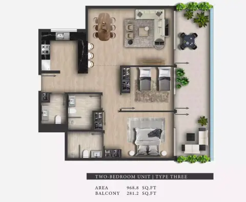 311 Boulevard: Floor plan Type Three, 968 sq ft