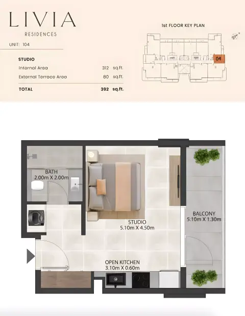 Livia Residence: Floor plan Type A, 392 sq ft