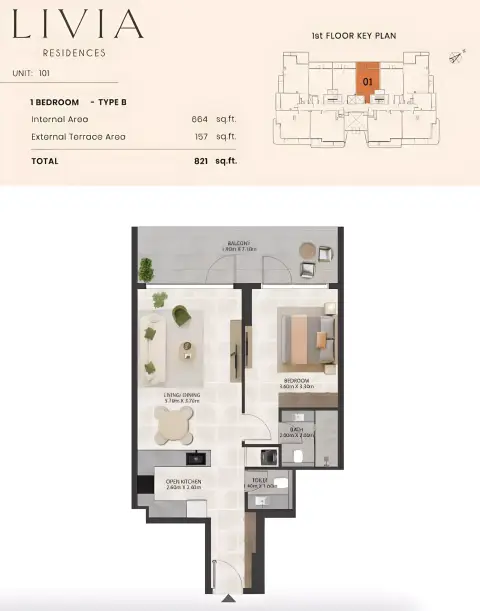 Livia Residence: Floor plan Type B, 821 sq ft