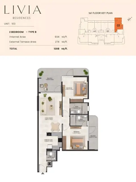 Livia Residence: Floor plan Type A, 825 sq ft