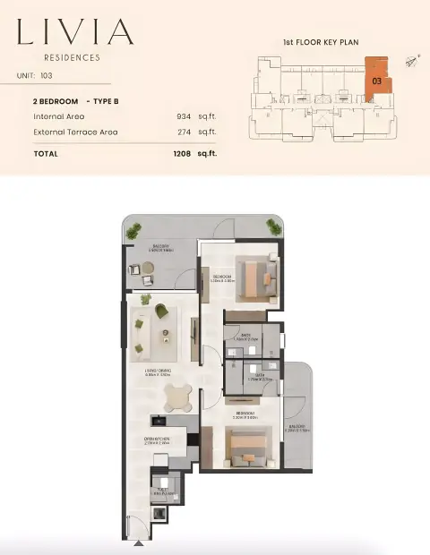 Livia Residence: Floor plan Type B, 1,298 sq ft