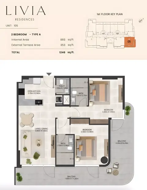 Livia Residence: Floor plan Type A, 1,246 sq ft