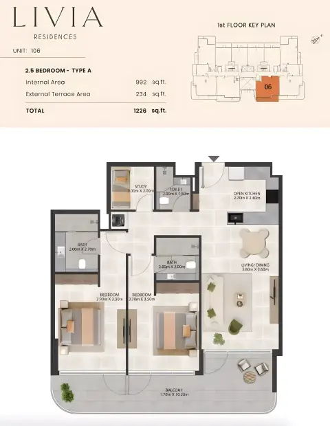 Livia Residence: Floor plan Type A+Study Room, 1,226 sq ft
