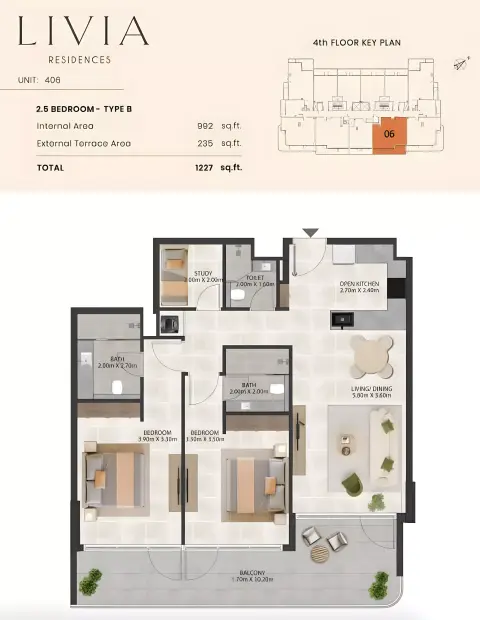 Livia Residence: Floor plan Type B+Study Room, 1,227 sq ft