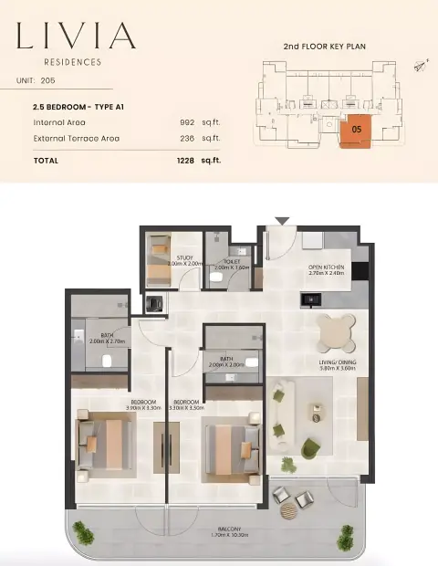 Livia Residence: Floor plan Type A1+Study Room, 1,228 sq ft