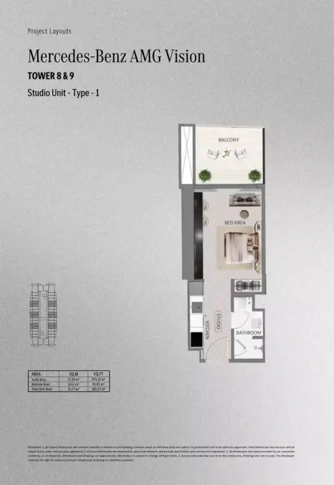Mercedes Benz Places | Binghatti City: Floor plan Type 1 - T. AMG Vision, 385 sq ft