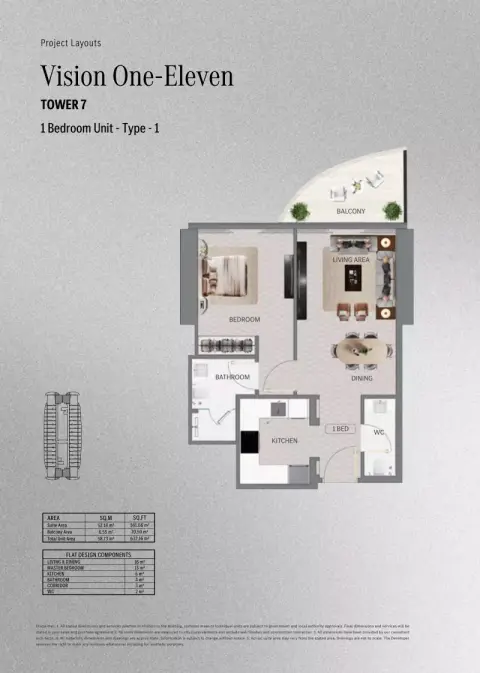 Mercedes Benz Places | Binghatti City: Floor plan Type 1 - T. One-Eleven, 632 sq ft