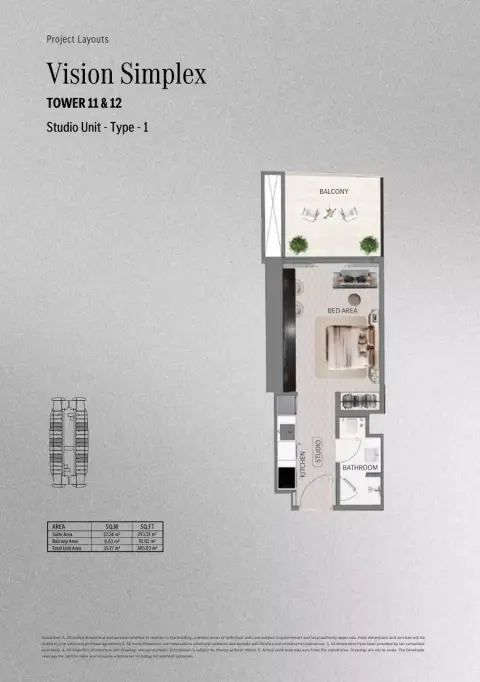Mercedes Benz Places | Binghatti City: Floor plan Type 1 - T. Vision Simplex, 385 sq ft
