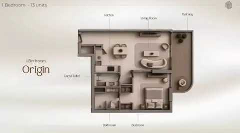 Beverly Crown: Floor plan Type Origin, 714 sq ft