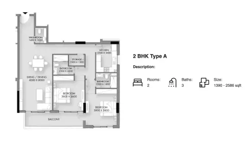 Rose Garden Phase 2: Floor plan Type A, 1,390 sq ft