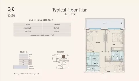 Enaya Residences: Floor plan Level 1-3, 847 sq ft
