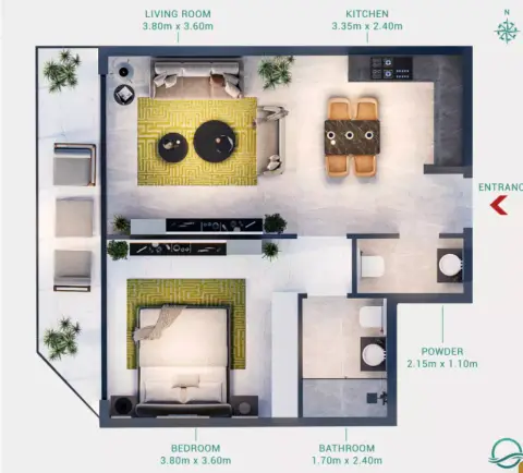 Milos: Floor plan Type 9, 640 sq ft