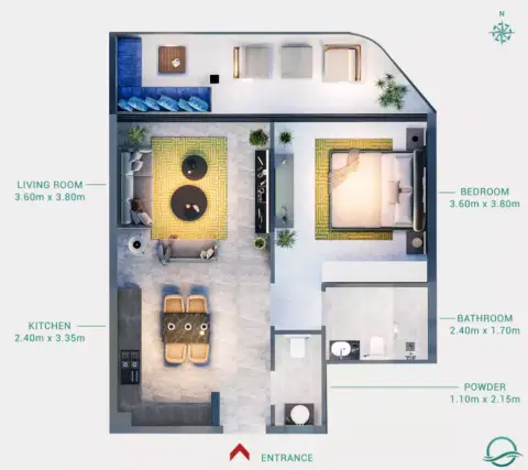 Milos: Floor plan Type 1, 686 sq ft