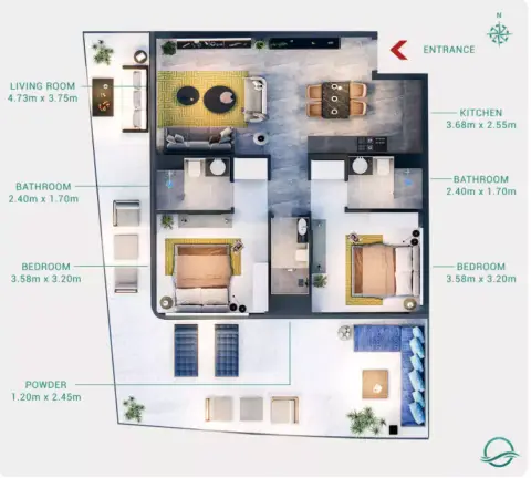 Milos: Floor plan Type 1, 1,217 sq ft