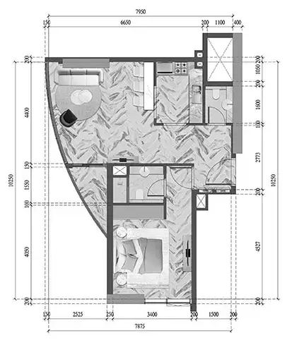 Red Square Tower: Floor plan Type 107-A, 651 sq ft