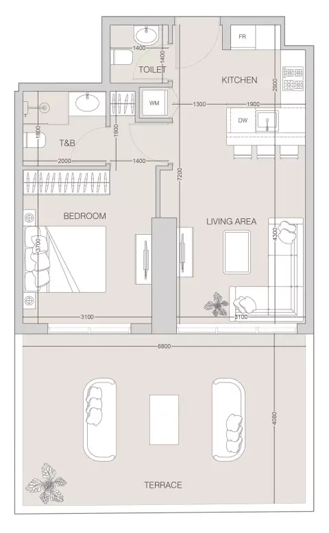 The Fifth Tower: Floor plan Type B, 845 sq ft