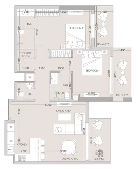 The Fifth Tower: Floor plan Type D, 1,113 sq ft