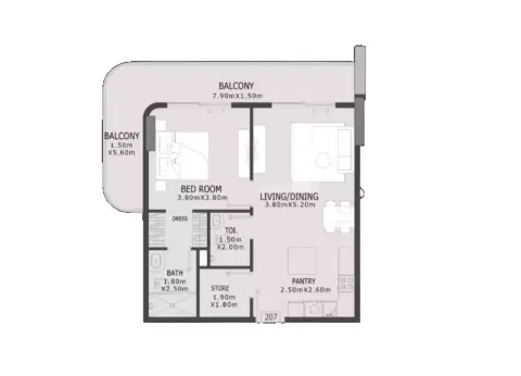 Elevia Residences Phase 3: Floor plan Type 207, 840 sq ft
