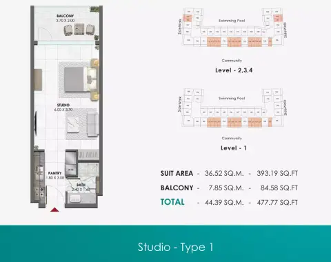 Waref Residences: Plattegrond Type 1, 477 sq ft
