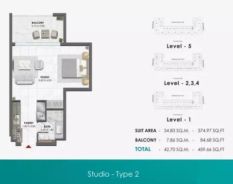 Waref Residences: Plattegrond Type 3, 459 sq ft