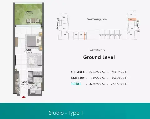 Waref Residences: Plattegrond Type 2, 477 sq ft