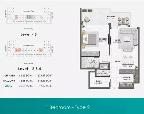 Waref Residences: Plattegrond Type 3, 819 sq ft